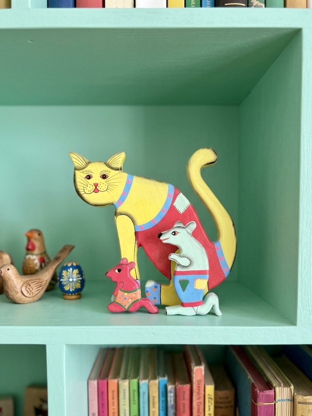 Quirky Hand Painted Cat and Mouse Shelf Sitter Whimsical Decor Wood Folk Art
